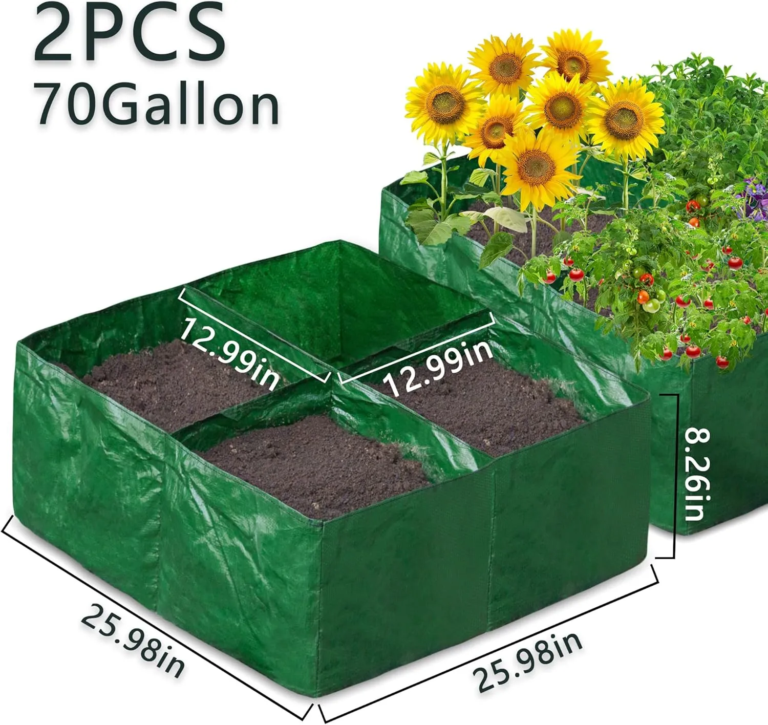 Fabric Raised Garden Bed 4Grids, 2 Pack Total 70 Gallon Fabric Raised Planting Bed Garden Grow Bags Heavy Duty Breathable Raised Planter Container for Gardening Vegetables &Plants Outdoor