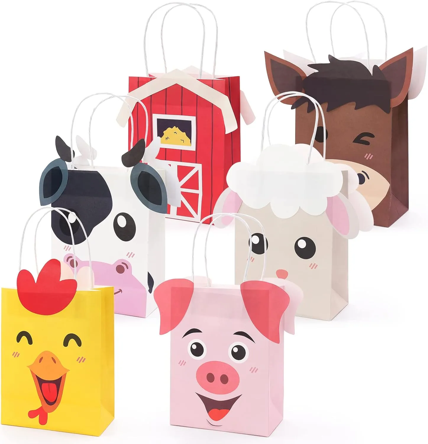 Faisichocalato Farm Animal Party Favor Bags with Handles Farm Themed Birthday Party Supplies Barnyard Birthday Gift Pack of 12 Treat Goody Bags Kraft Paper Centerpiece Decorations