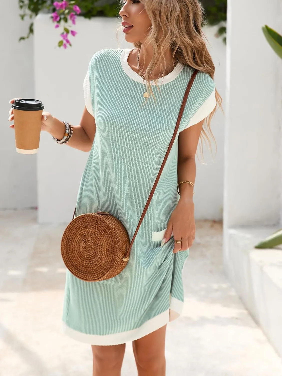 Famulily Women's Casual Summer Dresses Ribbed Knit Colorblock Crewneck Cap Sleeve Soft Dress for Women with Patch Pockets