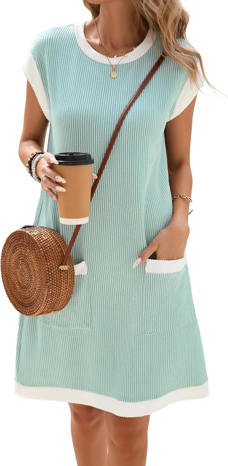 Famulily Women's Casual Summer Dresses Ribbed Knit Colorblock Crewneck Cap Sleeve Soft Dress for Women with Patch Pockets