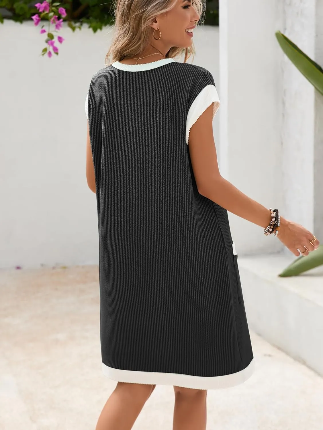 Famulily Women's Casual Summer Dresses Ribbed Knit Colorblock Crewneck Cap Sleeve Soft Dress for Women with Patch Pockets