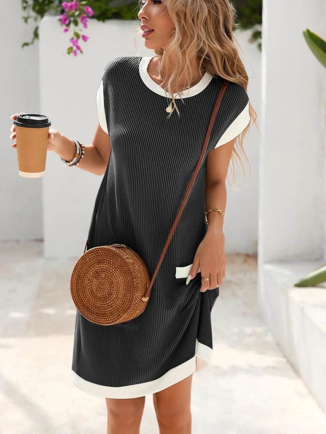 Famulily Women's Casual Summer Dresses Ribbed Knit Colorblock Crewneck Cap Sleeve Soft Dress for Women with Patch Pockets