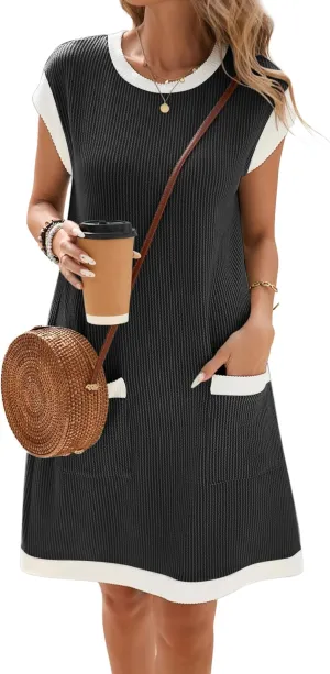 Famulily Women's Casual Summer Dresses Ribbed Knit Colorblock Crewneck Cap Sleeve Soft Dress for Women with Patch Pockets