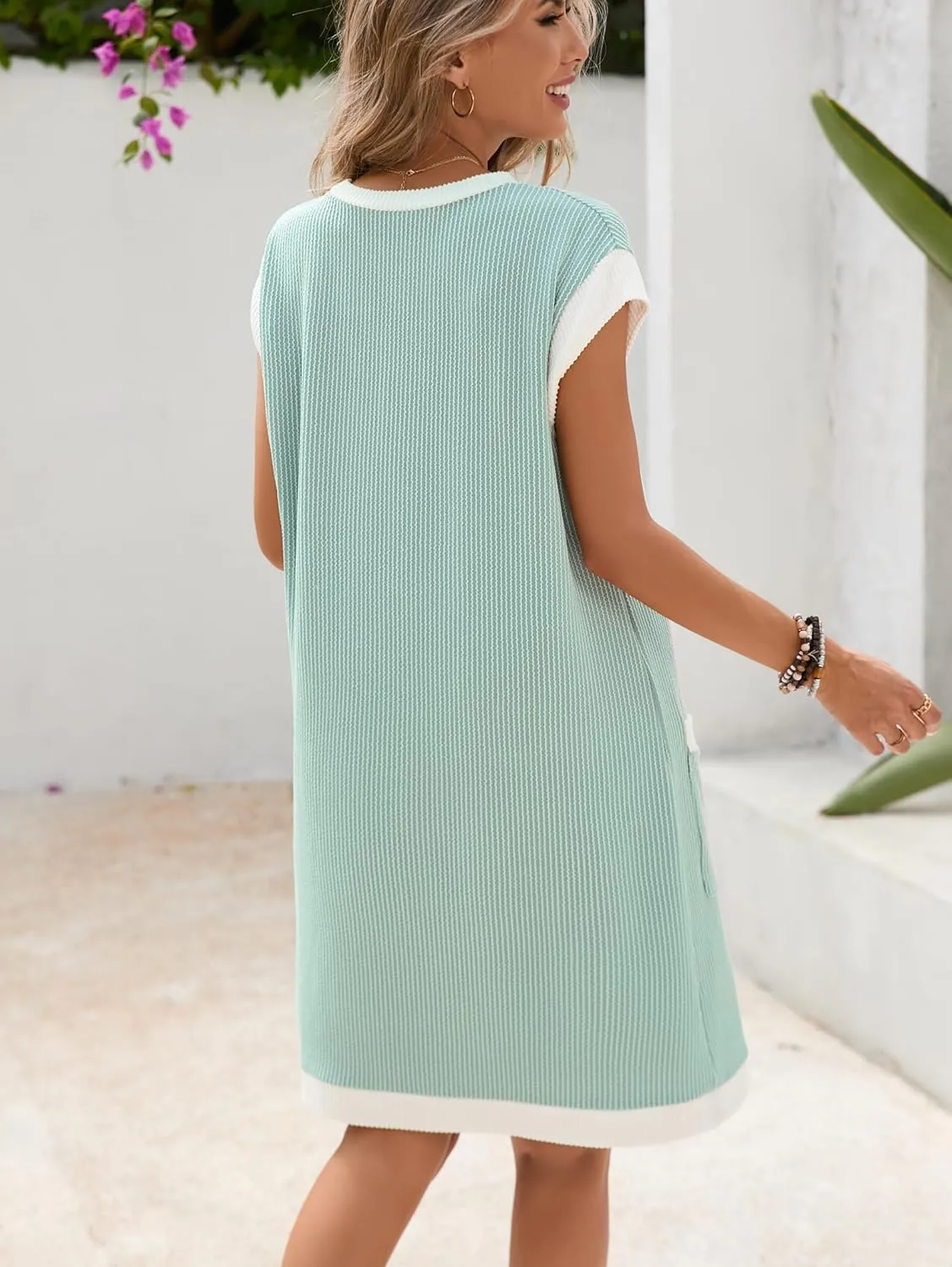 Famulily Women's Casual Summer Dresses Ribbed Knit Colorblock Crewneck Cap Sleeve Soft Dress for Women with Patch Pockets