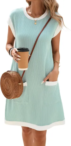 Famulily Women's Casual Summer Dresses Ribbed Knit Colorblock Crewneck Cap Sleeve Soft Dress for Women with Patch Pockets