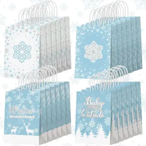 Ferraycle 24 Pcs Winter Snowflake Gift Bags Snowflake Wonderland Paper Treat Bags Goodie with Handle for Winter Frozen Party Favor Christmas Birthday Holiday Wonderland Decorations(Blue)