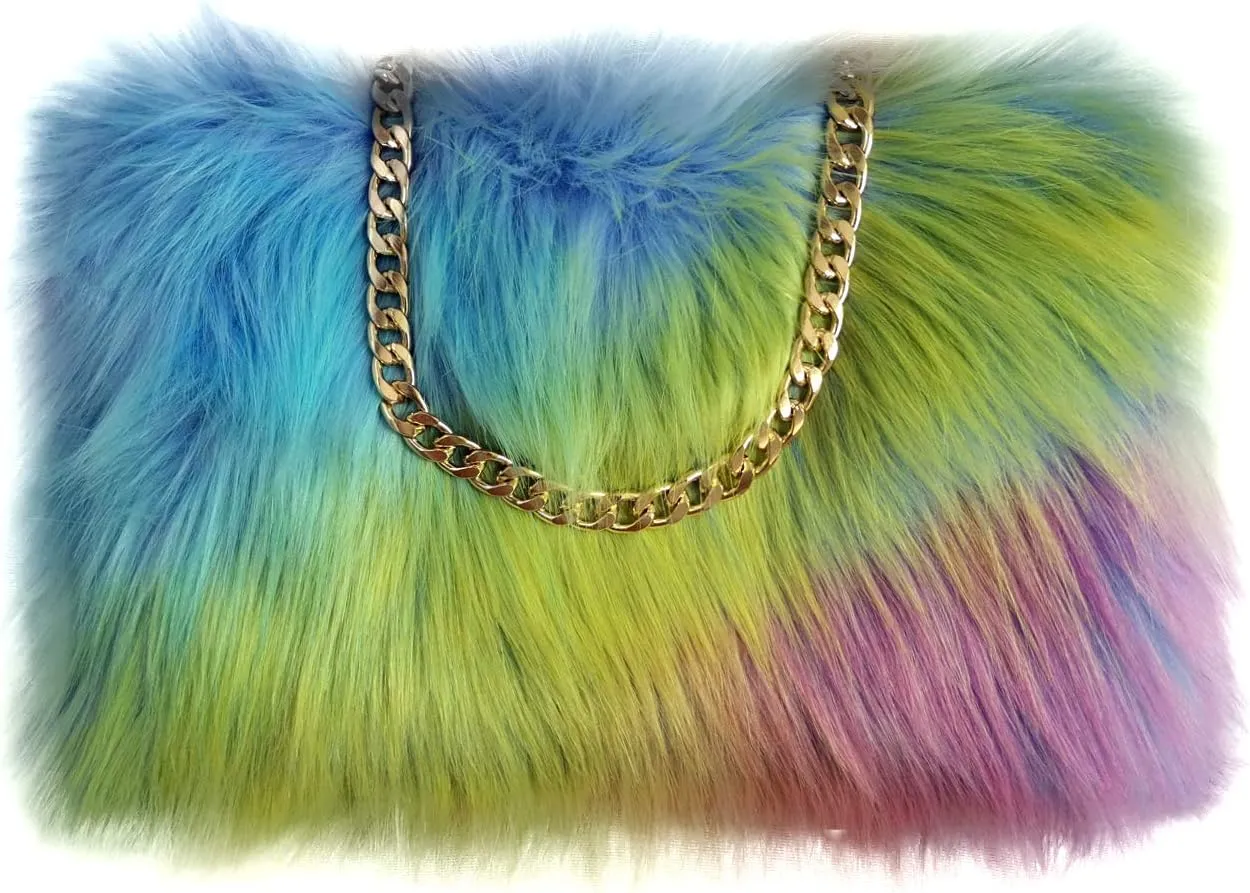 FHQHTH Faux Fox Fur Purse Fuzzy Handbags for Women Evening Handbags Al alloy Shoulder Strap