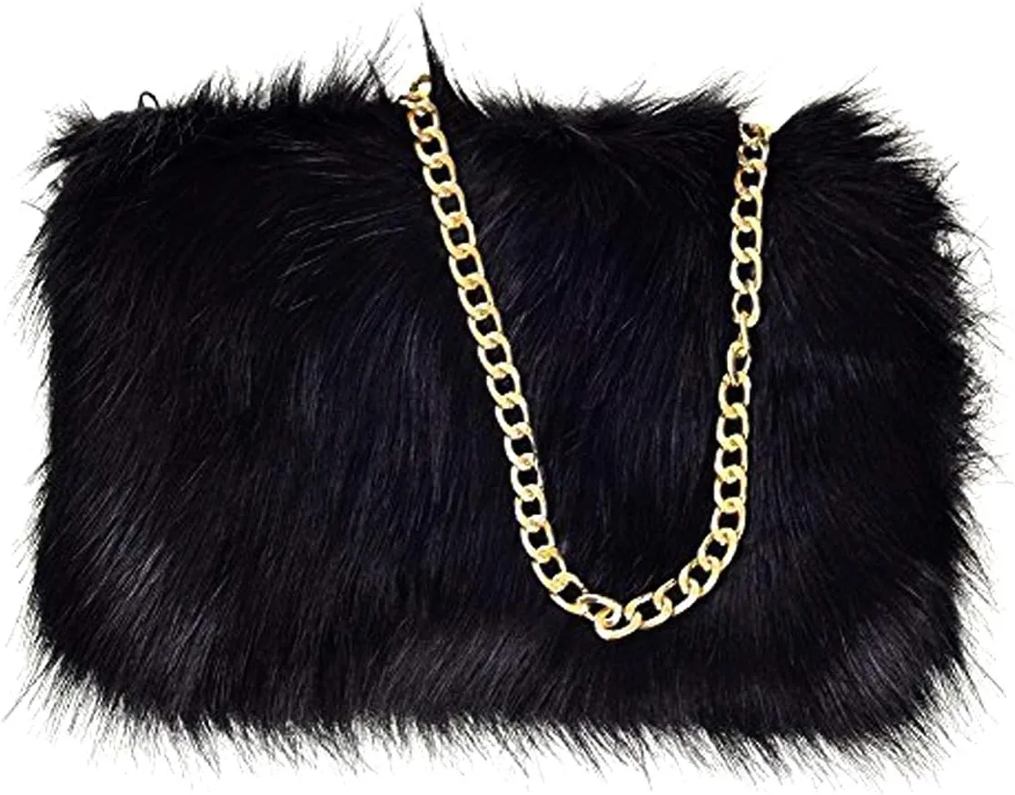 FHQHTH Faux Fox Fur Purse Fuzzy Handbags for Women Evening Handbags Al alloy Shoulder Strap