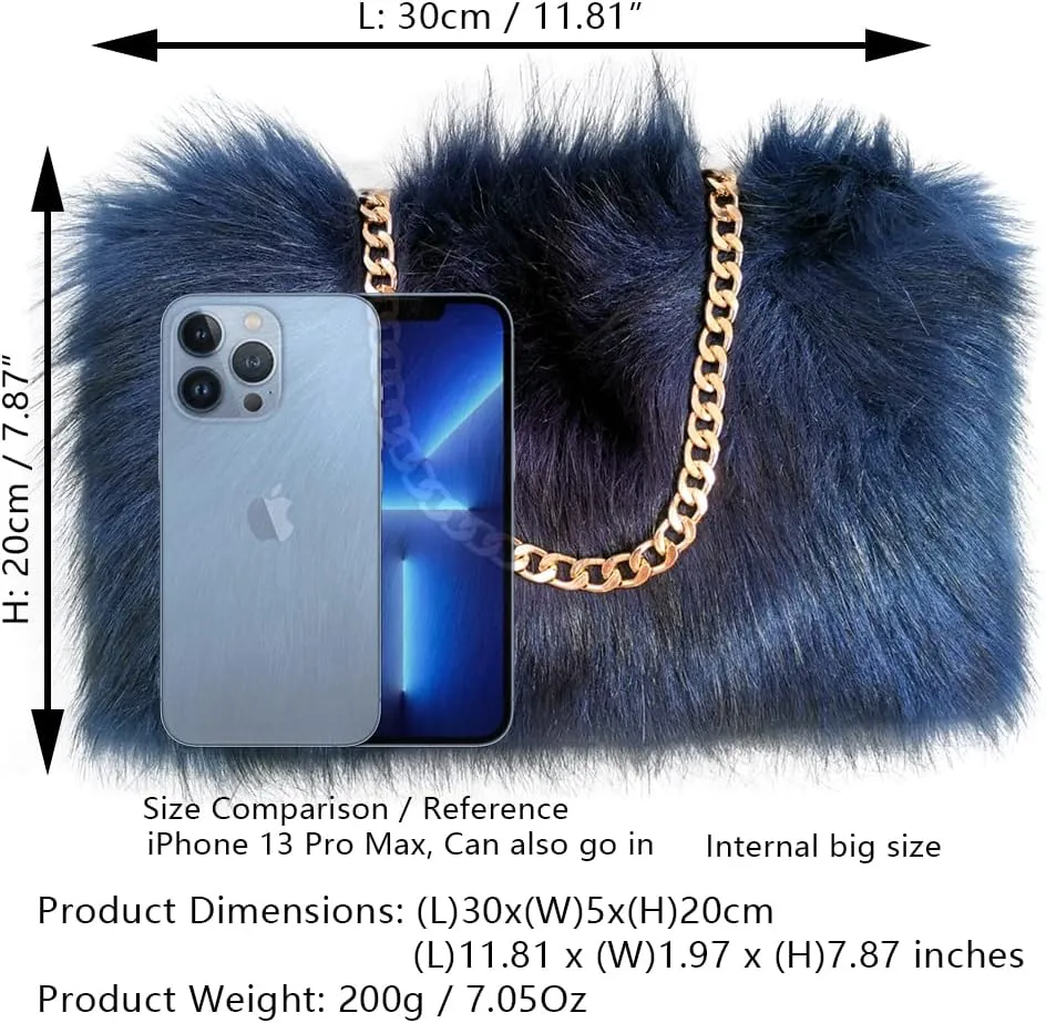 FHQHTH Faux Fox Fur Purse Fuzzy Handbags for Women Evening Handbags Al alloy Shoulder Strap