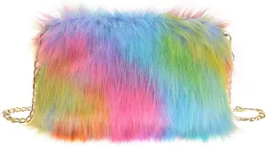 FHQHTH Faux Fox Fur Purse Fuzzy Handbags for Women Evening Handbags Al alloy Shoulder Strap