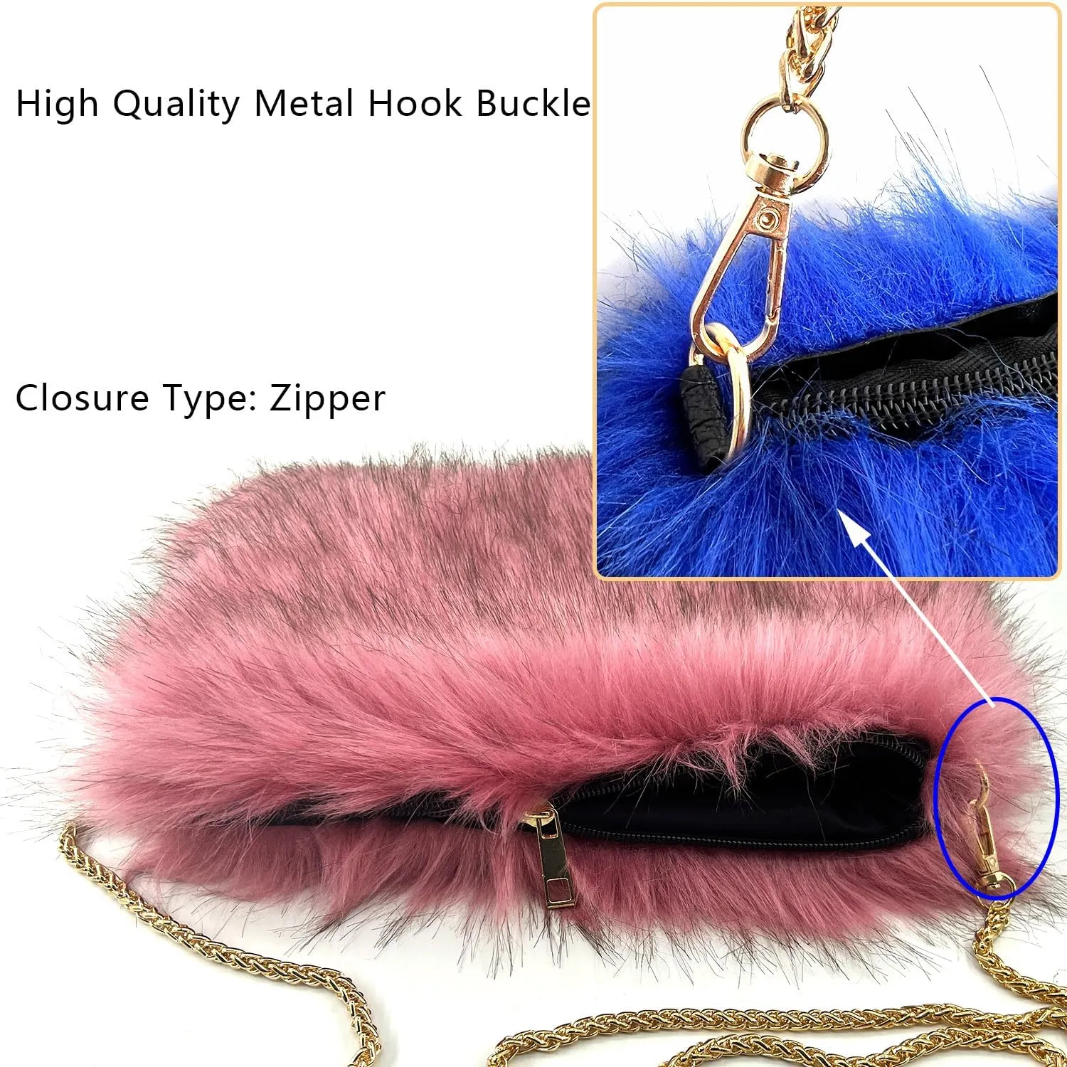 FHQHTH Faux Fox Fur Purse Fuzzy Handbags for Women Evening Handbags Iron Round Chain Strap Shoulder Strap