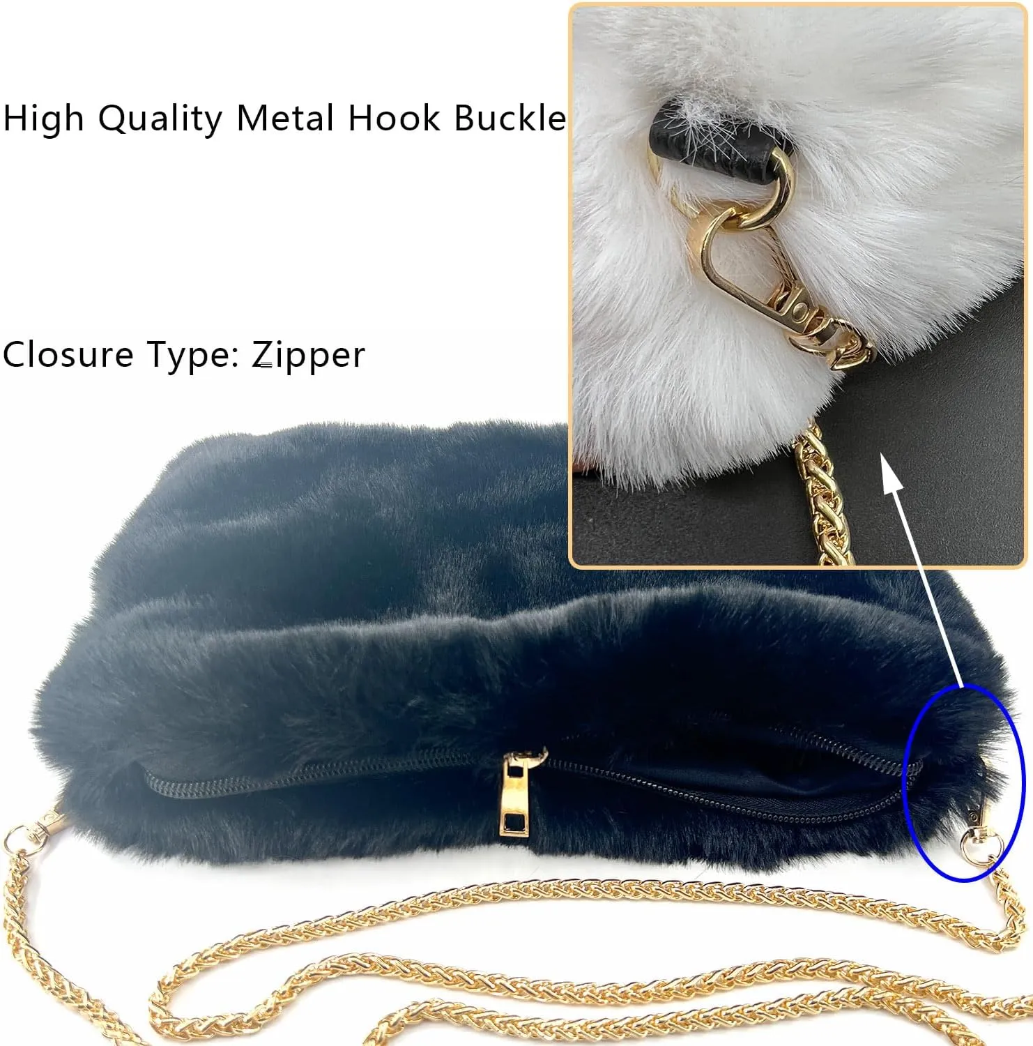 FHQHTH Faux Fox Fur Purse Fuzzy Handbags for Women Evening Handbags Iron Round Chain Strap Shoulder Strap