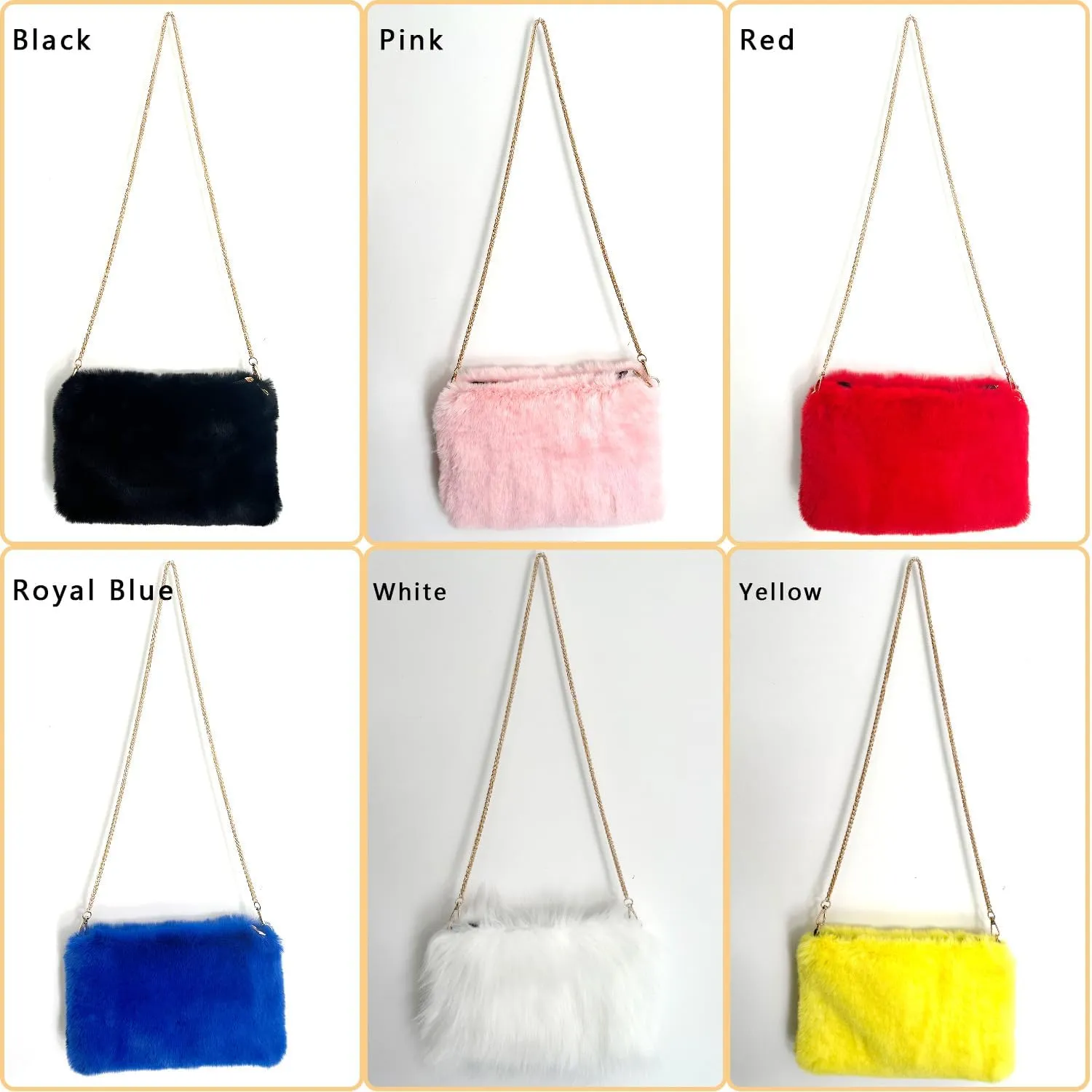 FHQHTH Faux Fox Fur Purse Fuzzy Handbags for Women Evening Handbags Iron Round Chain Strap Shoulder Strap