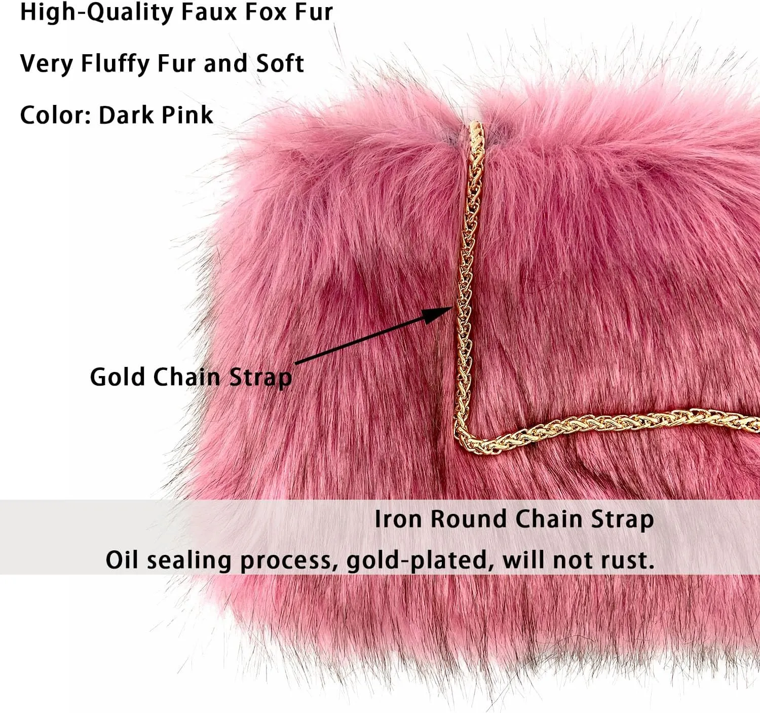 FHQHTH Faux Fox Fur Purse Fuzzy Handbags for Women Evening Handbags Iron Round Chain Strap Shoulder Strap
