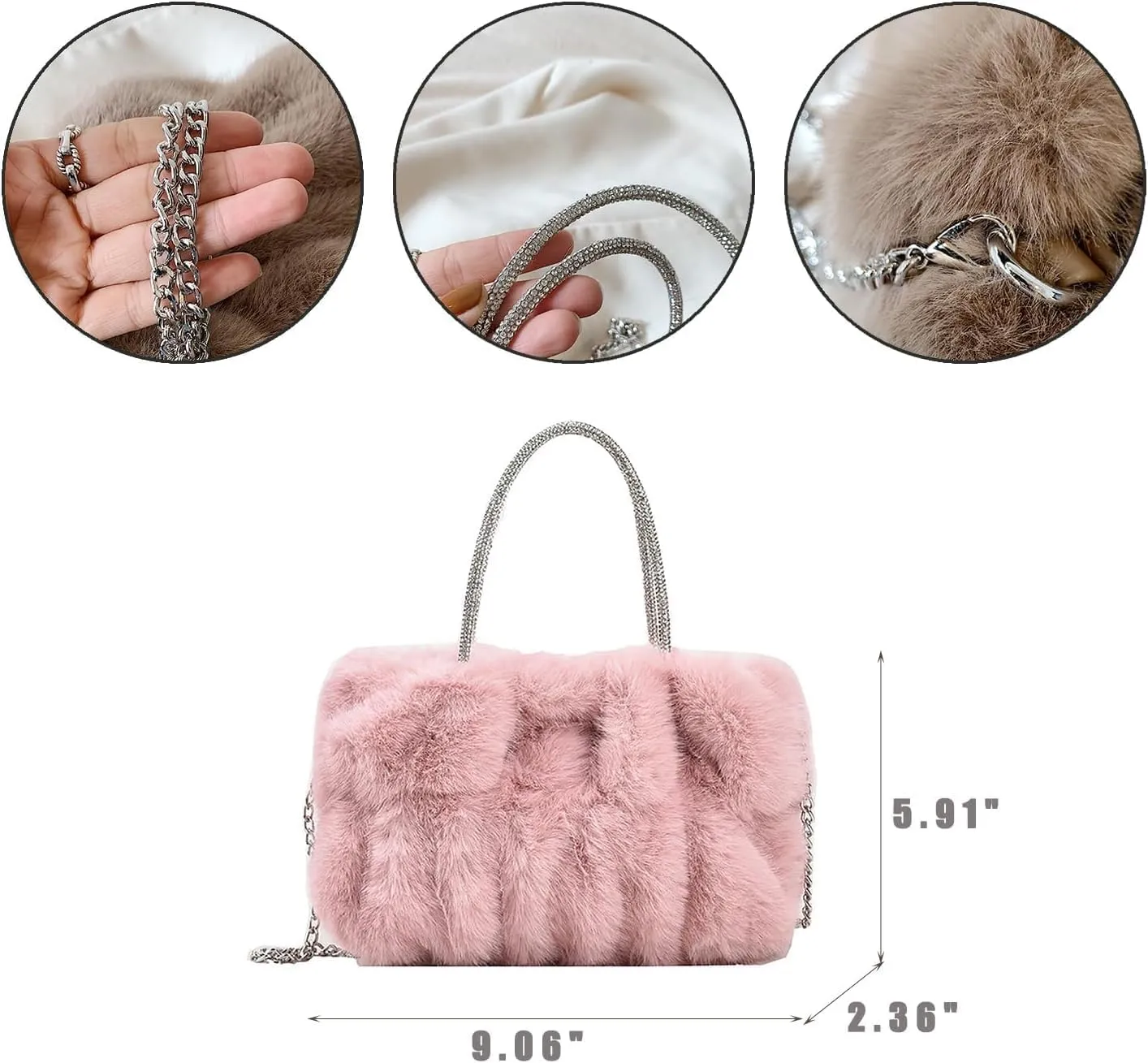 Fluffy Tote Bag Faux Fur Top Handle Crossbody Shoulder Purse, Women Cute Plush Bucket Handbag Evening Clutch with Chain Strap (Brown)