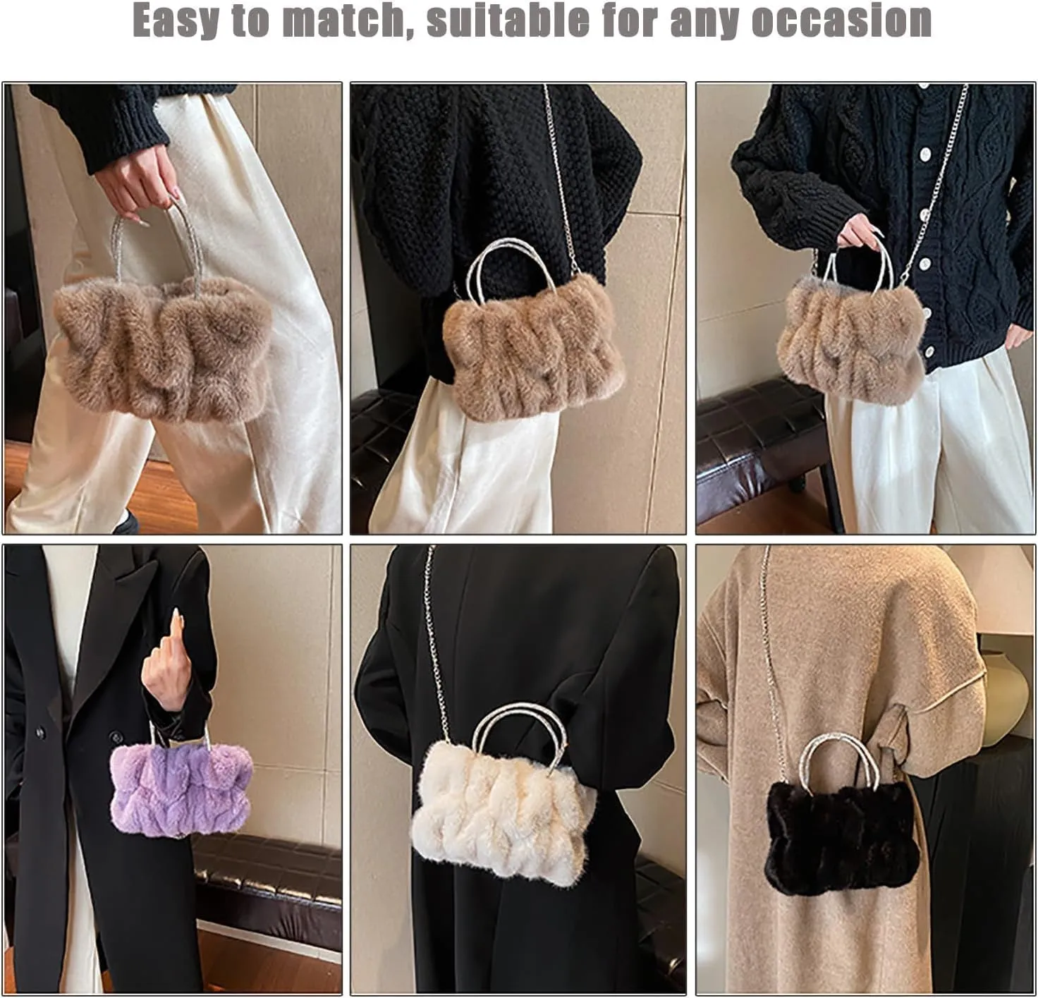 Fluffy Tote Bag Faux Fur Top Handle Crossbody Shoulder Purse, Women Cute Plush Bucket Handbag Evening Clutch with Chain Strap (Brown)