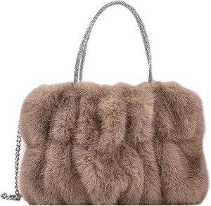 Fluffy Tote Bag Faux Fur Top Handle Crossbody Shoulder Purse, Women Cute Plush Bucket Handbag Evening Clutch with Chain Strap (Brown)