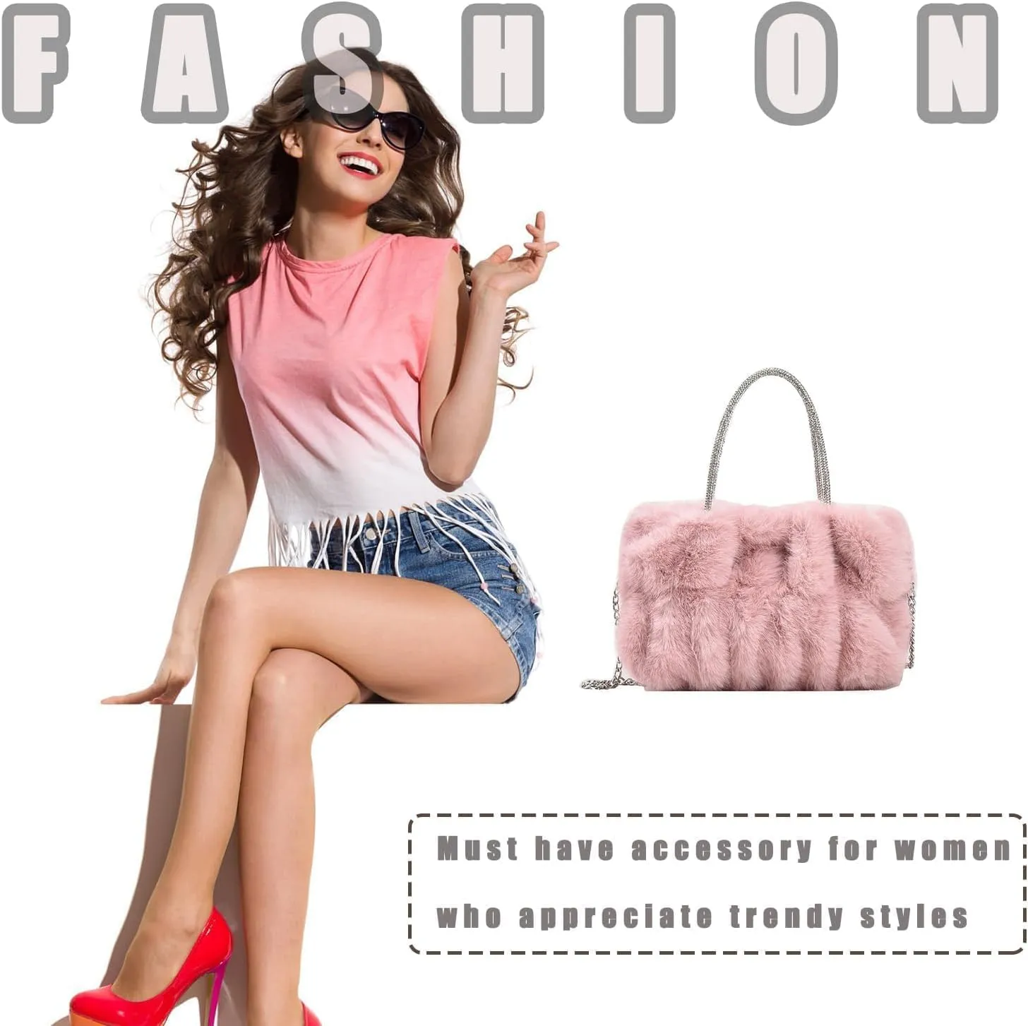 Fluffy Tote Bag Faux Fur Top Handle Crossbody Shoulder Purse, Women Cute Plush Bucket Handbag Evening Clutch with Chain Strap (Brown)
