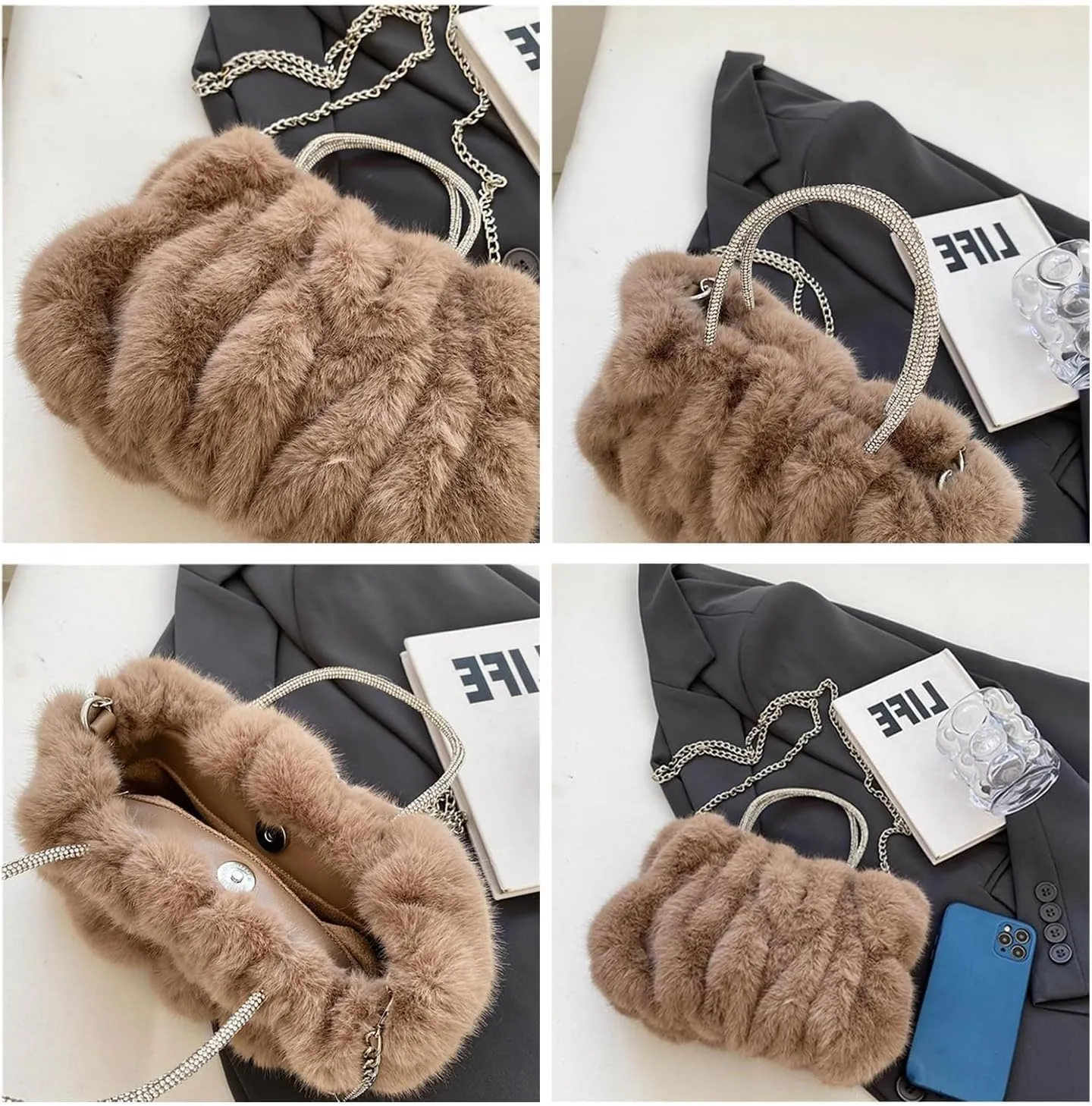 Fluffy Tote Bag Faux Fur Top Handle Crossbody Shoulder Purse, Women Cute Plush Bucket Handbag Evening Clutch with Chain Strap (Brown)