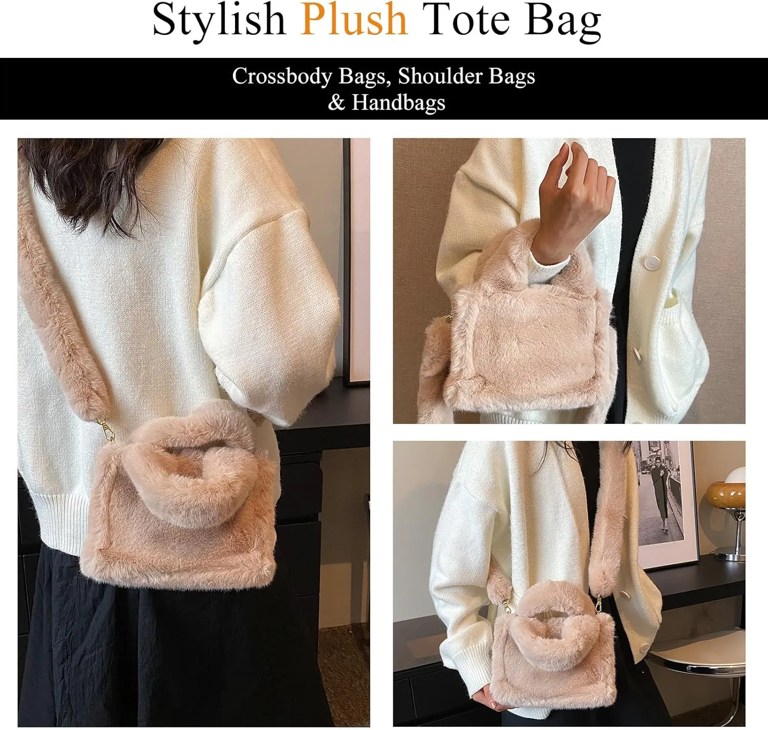 Fluffy Tote Bag Mini Faux Fur Purses for Women Winter Fuzzy Tote Soft Furry Crossbody Handbag Plush Bags