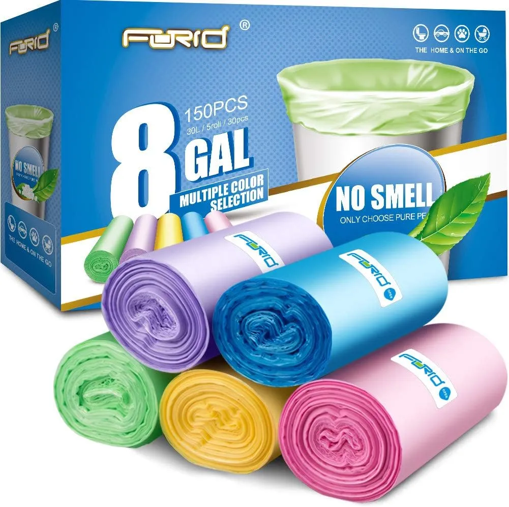 FORID 8 Gallon Trash Bags Colored - Extra Thick Medium Garbage Bags Unscented, Strong Plastic Waste Can Liners for Home Bathroom Office Kitchen,150 Count 5 Rolls,30 Liters