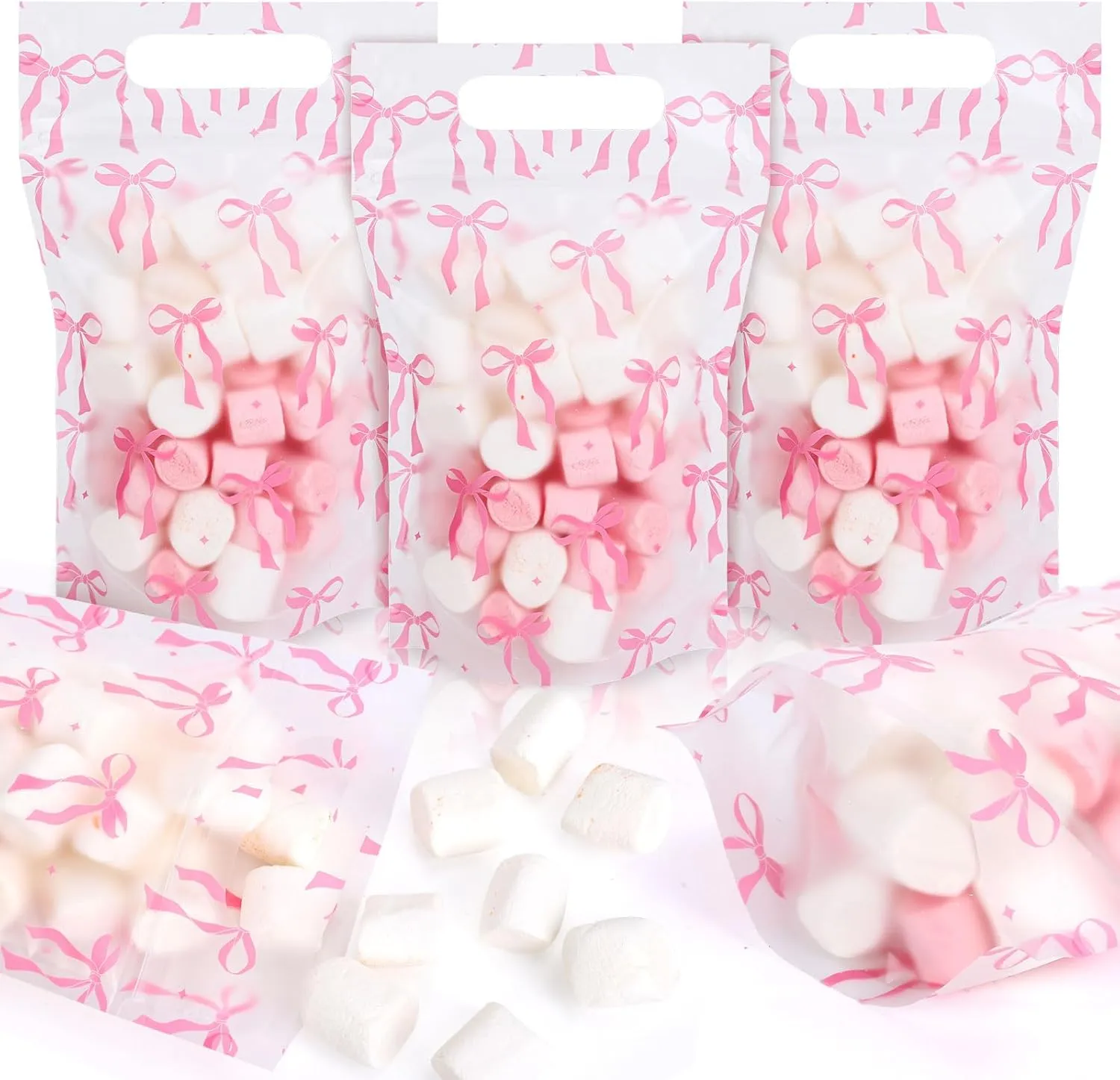 FYSUIMU 50Pcs Pink Bow Clear Zip Lock Bags Coquette Bowknot Plastic Sealing Bags with Handle Cute Resealable Goodie Gift Bags for Birthday Baby Shower Party Supplies