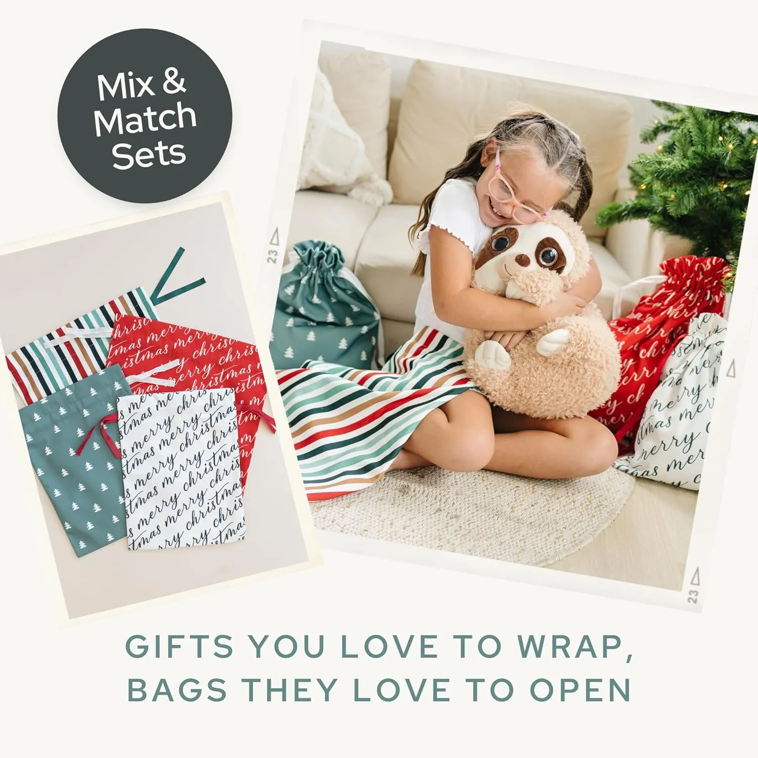 Gather & Knot Drawstring Christmas Gift Bags | 20" Large 16" Medium | Modern Farmhouse | Premium Canvas | Reusable Fabric Wrap for Holidays | Mix & Match Set