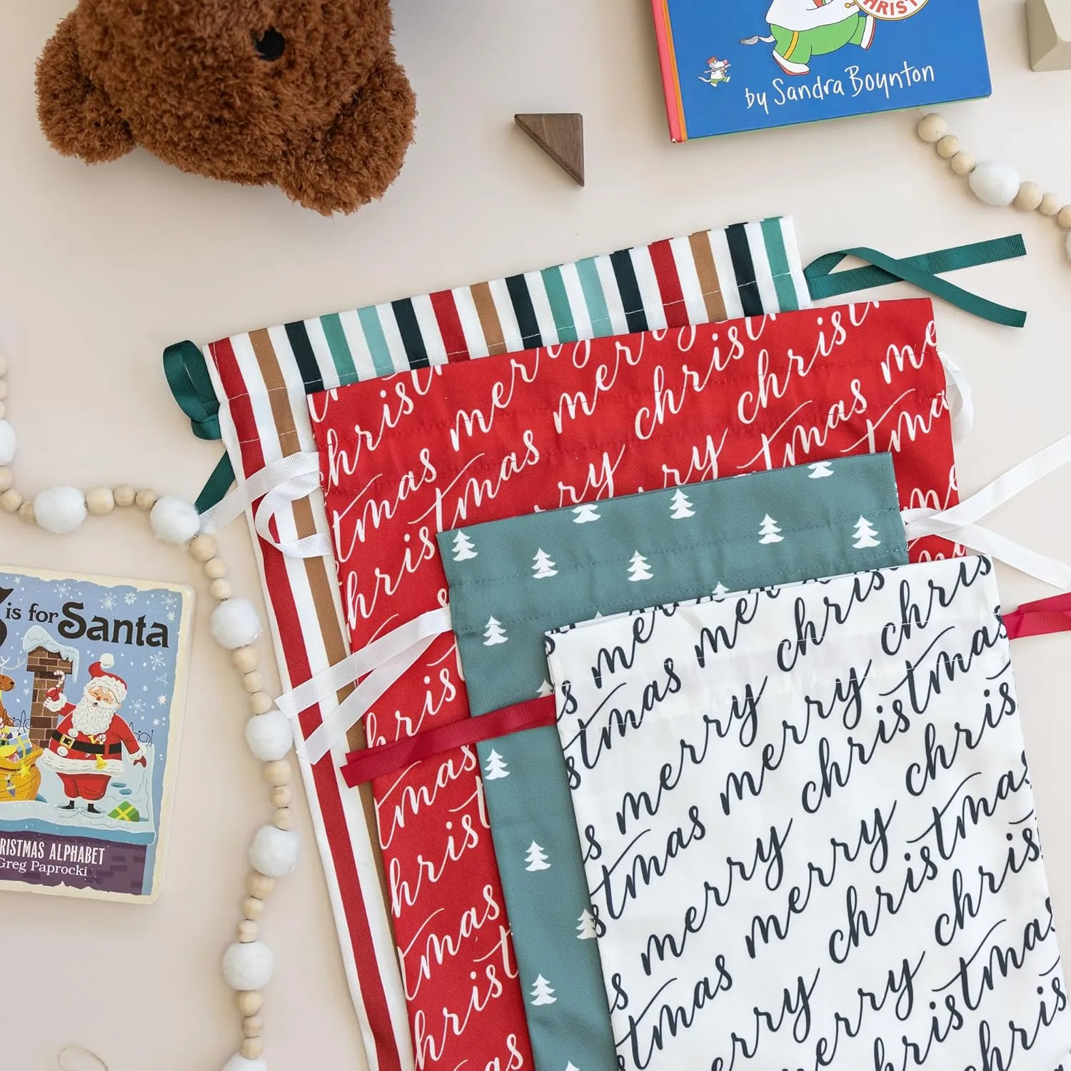 Gather & Knot Drawstring Christmas Gift Bags | 20" Large 16" Medium | Modern Farmhouse | Premium Canvas | Reusable Fabric Wrap for Holidays | Mix & Match Set