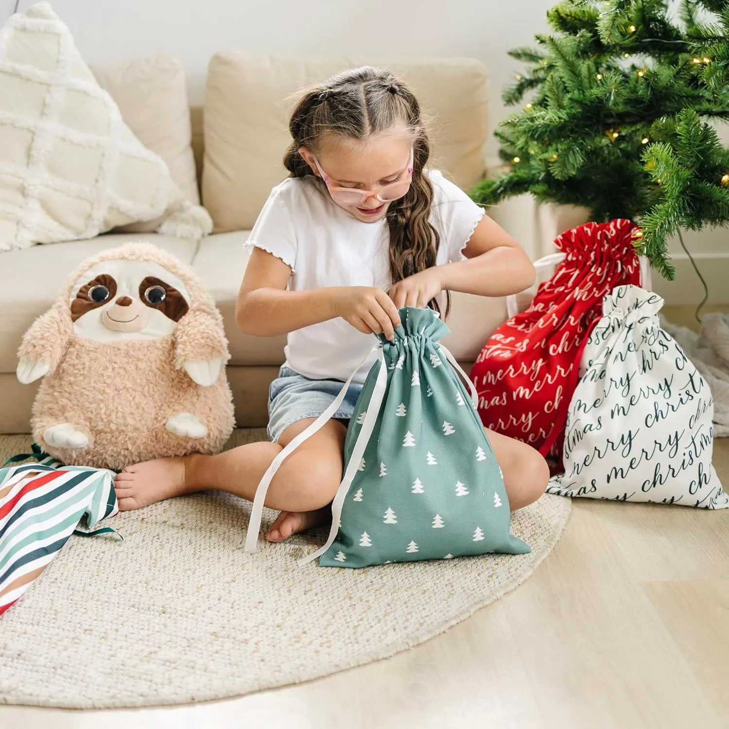 Gather & Knot Drawstring Christmas Gift Bags | 20" Large 16" Medium | Modern Farmhouse | Premium Canvas | Reusable Fabric Wrap for Holidays | Mix & Match Set