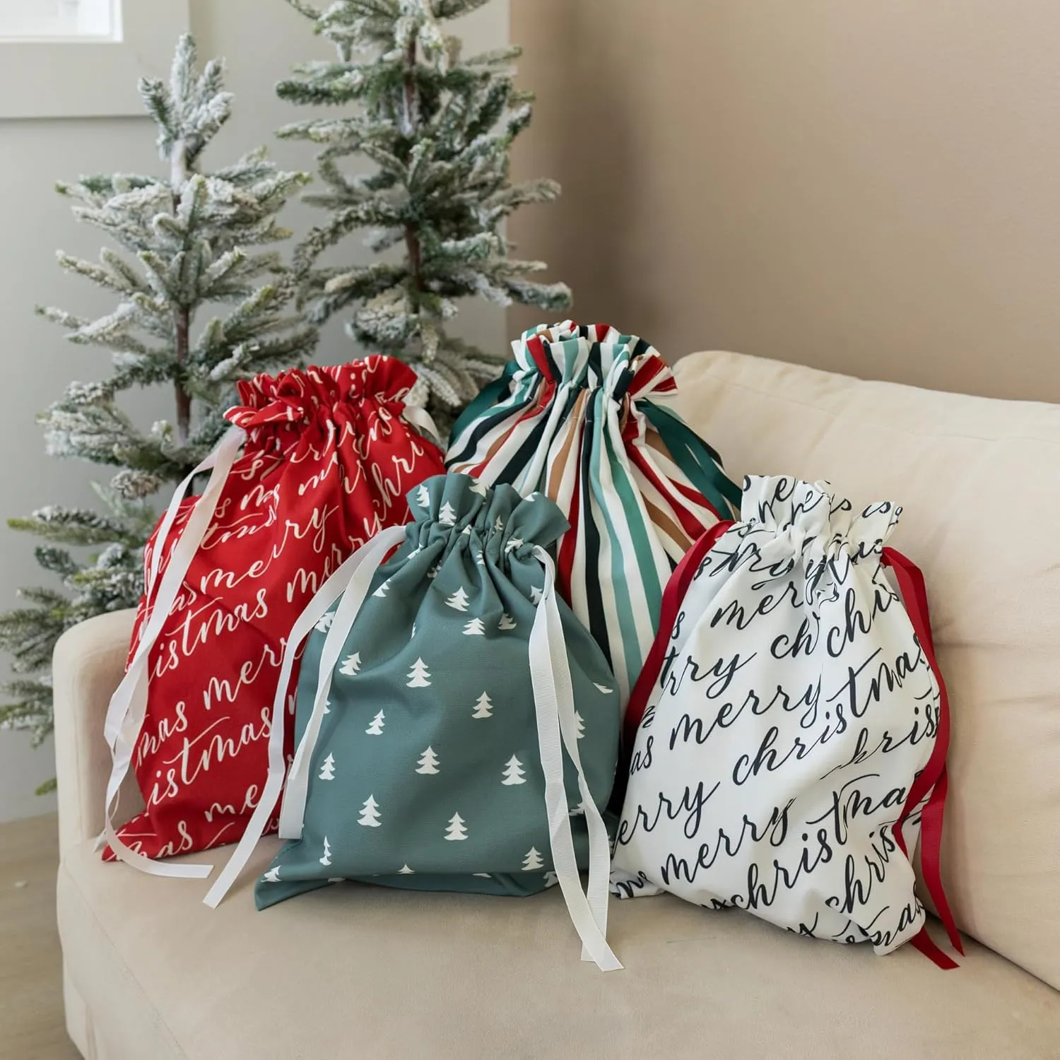 Gather & Knot Drawstring Christmas Gift Bags | 20" Large 16" Medium | Modern Farmhouse | Premium Canvas | Reusable Fabric Wrap for Holidays | Mix & Match Set