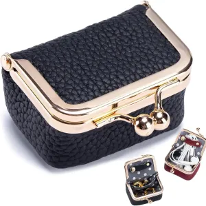 Genuine Leather Mini Jewelry Box, Portable Vintage-Inspired Genuine Leather Coin Purse Jewelry Case with Kiss Lock, Mini Travel Ring Box for Women (Black)