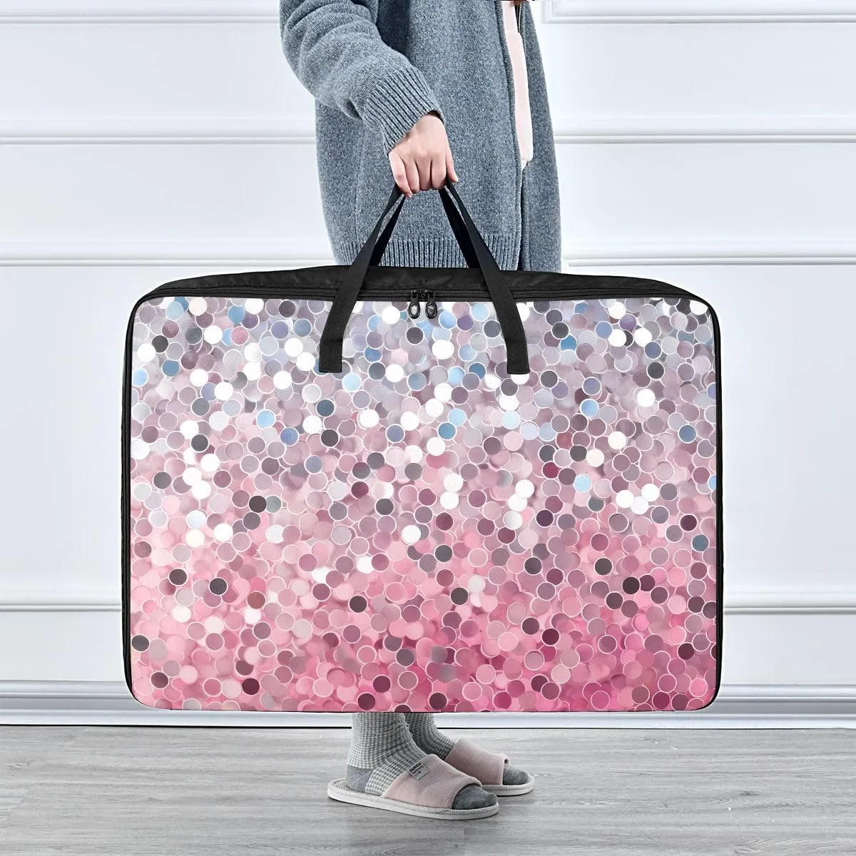 Glitter Pink Purple Gold Silver Storage Bag Extra Large Moving Bags with Strong Zippers and Carrying Handles, Zippered Storage Bag for Moving