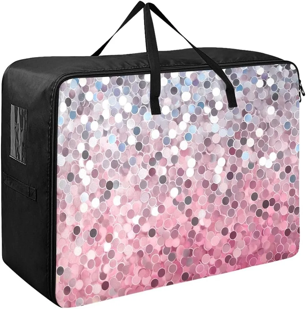 Glitter Pink Purple Gold Silver Storage Bag Extra Large Moving Bags with Strong Zippers and Carrying Handles, Zippered Storage Bag for Moving
