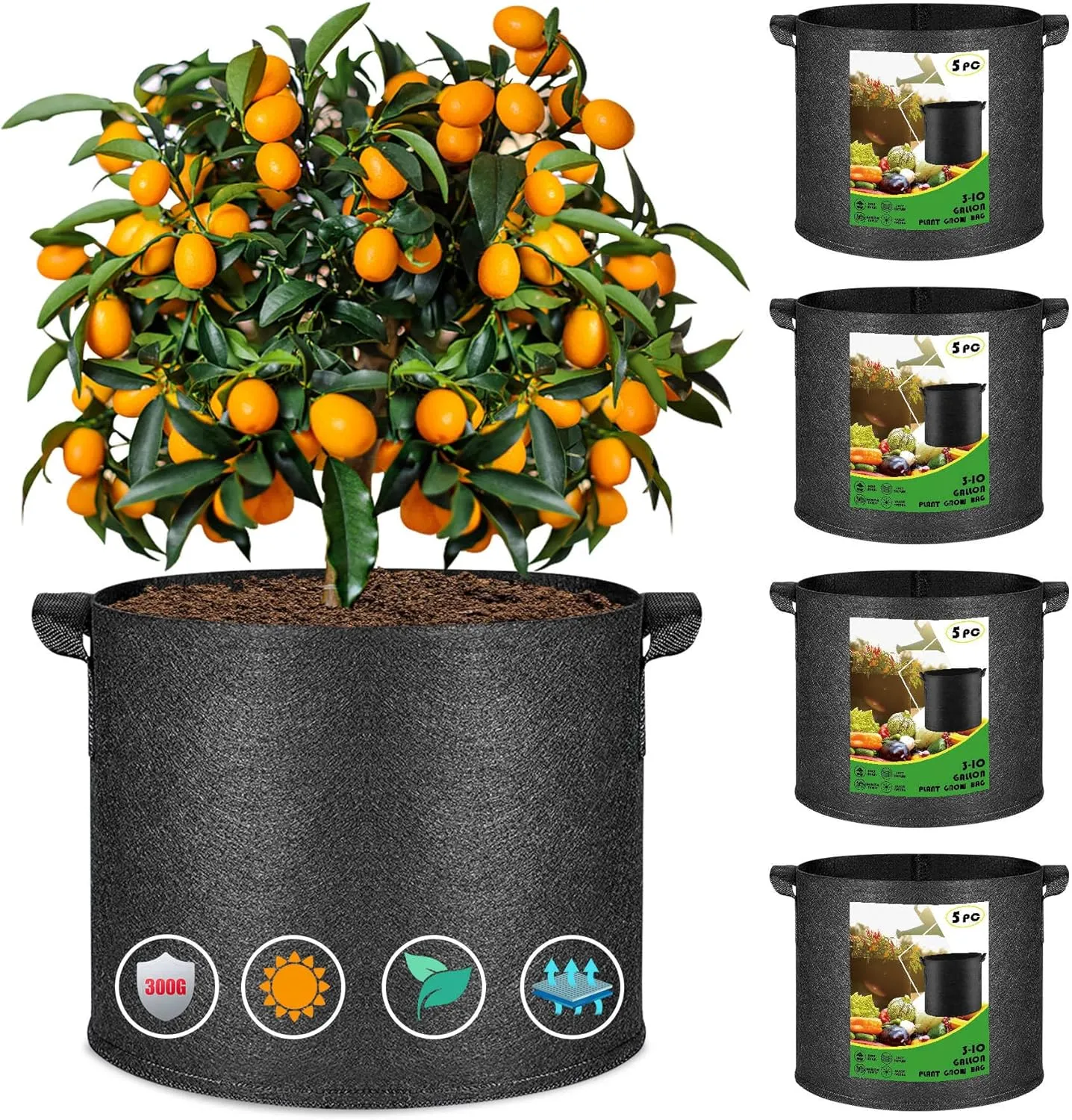 Grow Bags 10 Gallon Pack of 5 - Heavy Duty Fabric Pots with Handle, Thickened Garden Pots Cloth Planter, Nonwoven Plant Container for Outdoor Tomato, Potato, Chili, Carrot and Vegetables (Black)