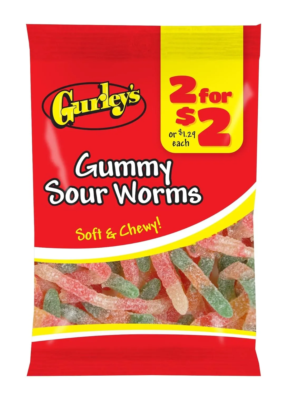 Gurley's Sour Gummi Worms, Dual-Flavored, Chewy Treats (Pack of 12)