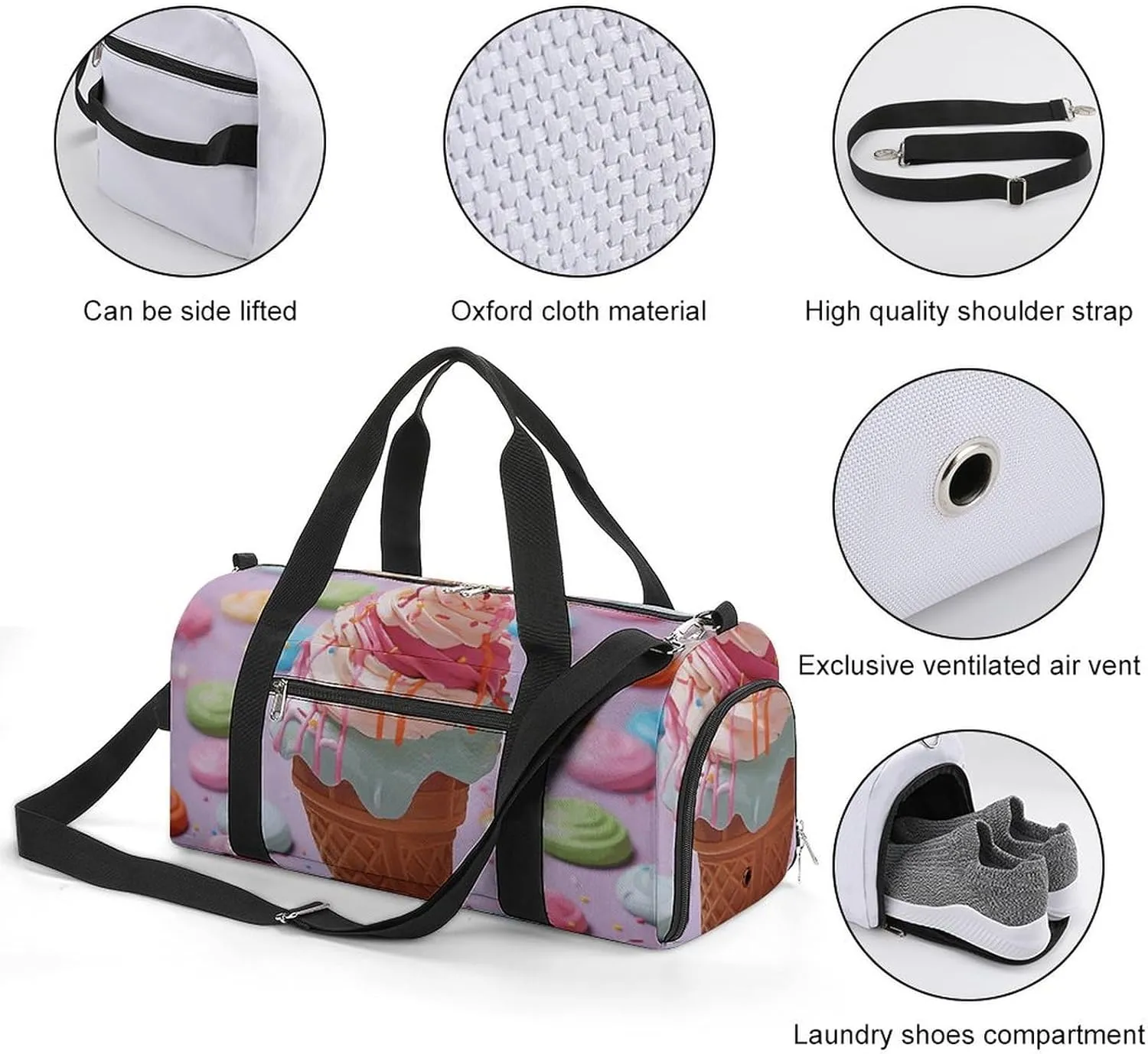 Gym Bag Many Colored Ice Cream Duffel Bag for Men Women Overnight Bag with Shoe Compartment Workout Bags