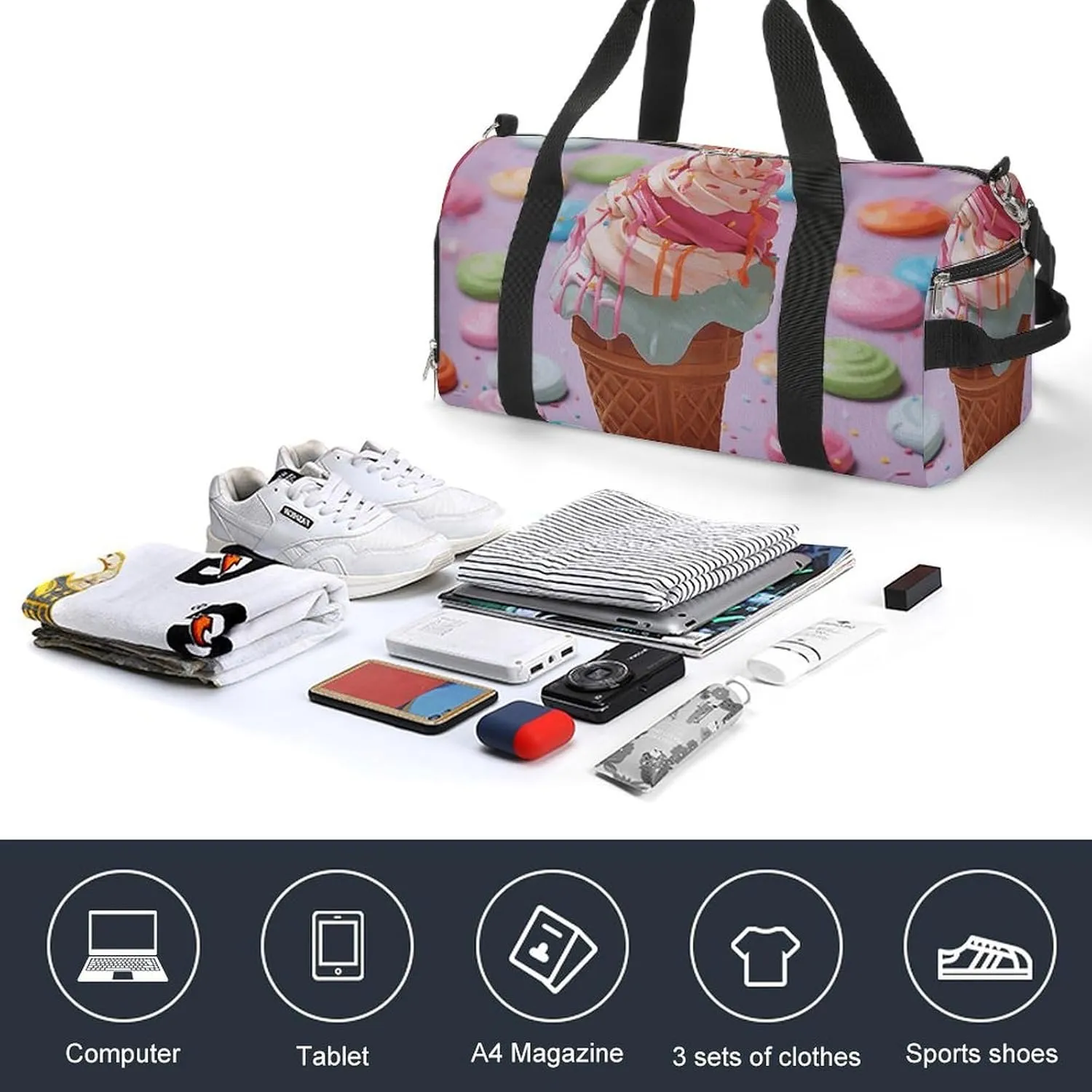 Gym Bag Many Colored Ice Cream Duffel Bag for Men Women Overnight Bag with Shoe Compartment Workout Bags
