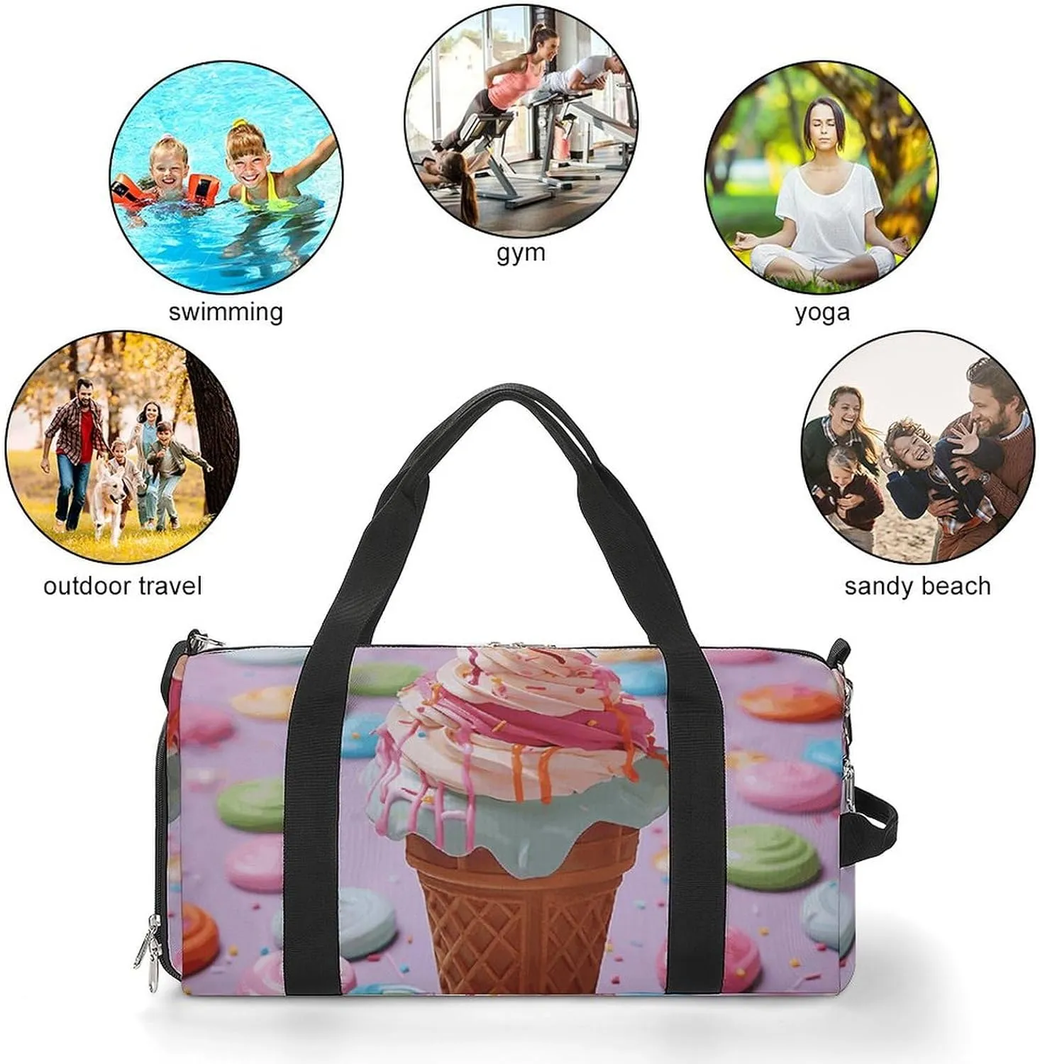 Gym Bag Many Colored Ice Cream Duffel Bag for Men Women Overnight Bag with Shoe Compartment Workout Bags