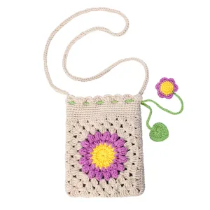 Handmade Crochet Bag,sunflower Crochet Bags Phone Bag Summer Beach Bag Small Tote Bags Shoulder Bag Woven Beach Bags Knitted for Women (Purple)