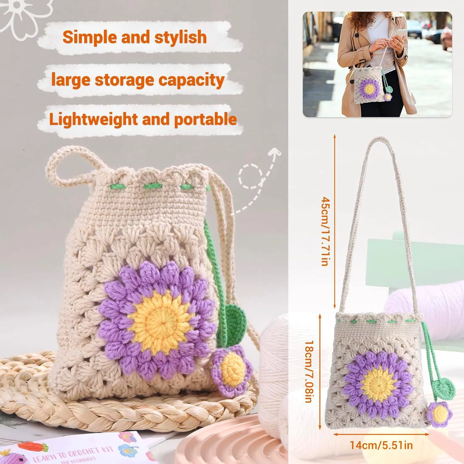 Handmade Crochet Bag,sunflower Crochet Bags Phone Bag Summer Beach Bag Small Tote Bags Shoulder Bag Woven Beach Bags Knitted for Women (Purple)