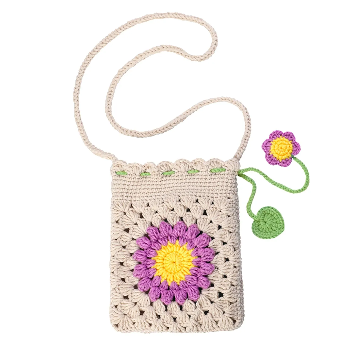 Handmade Crochet Bag,sunflower Crochet Bags Phone Bag Summer Beach Bag Small Tote Bags Shoulder Bag Woven Beach Bags Knitted for Women (Purple)