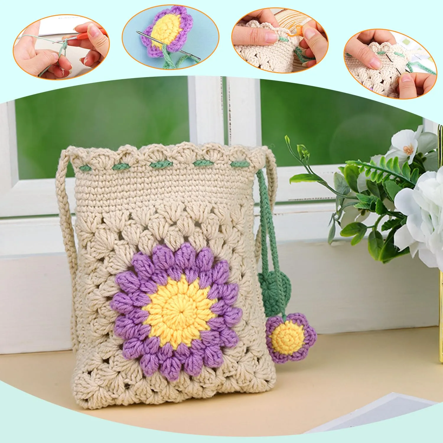 Handmade Crochet Bag,sunflower Crochet Bags Phone Bag Summer Beach Bag Small Tote Bags Shoulder Bag Woven Beach Bags Knitted for Women (Purple)