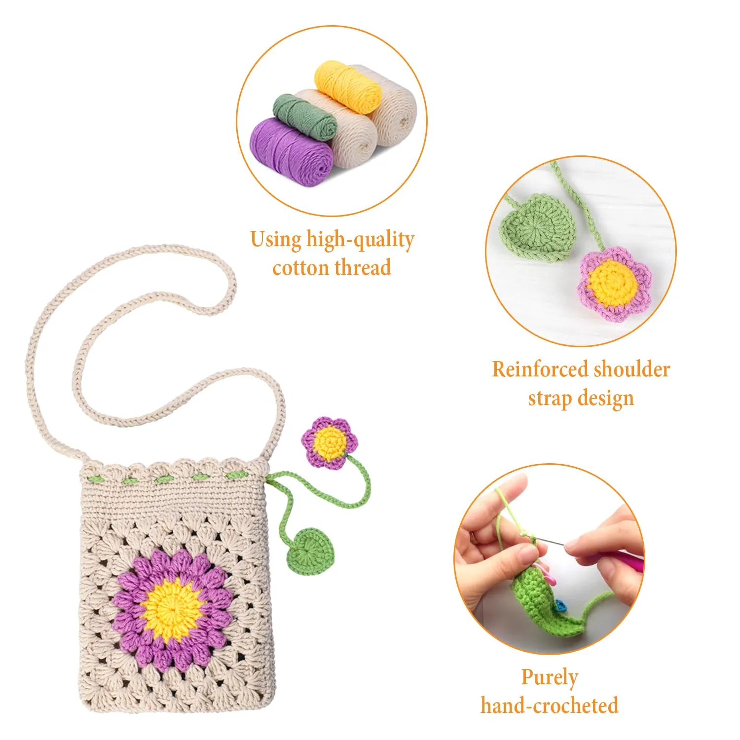 Handmade Crochet Bag,sunflower Crochet Bags Phone Bag Summer Beach Bag Small Tote Bags Shoulder Bag Woven Beach Bags Knitted for Women (Purple)