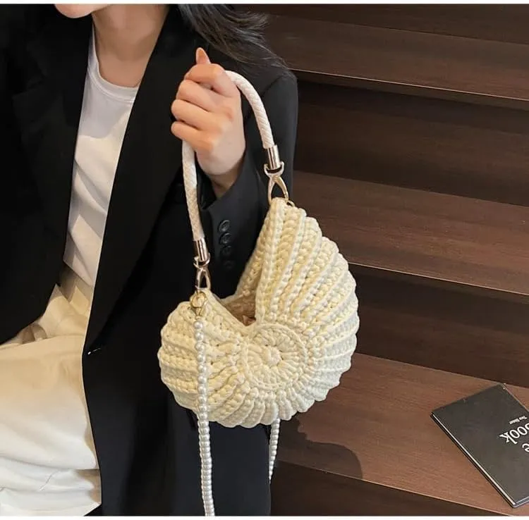 Handwoven Fashion Seashell Bag Stylish & Unique Boho Clutch with Pearl Strap Leather Handle & Premium Hardware