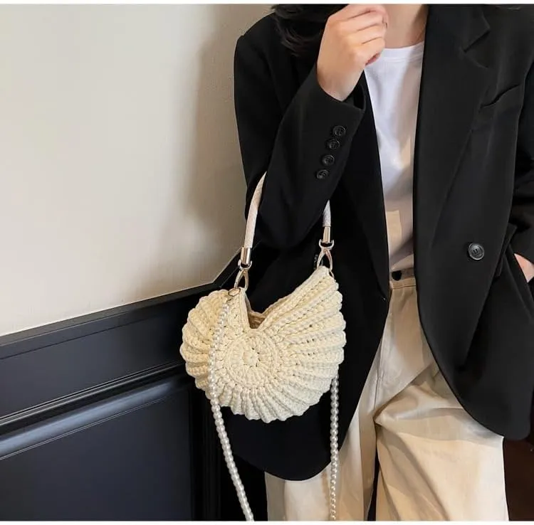 Handwoven Fashion Seashell Bag Stylish & Unique Boho Clutch with Pearl Strap Leather Handle & Premium Hardware