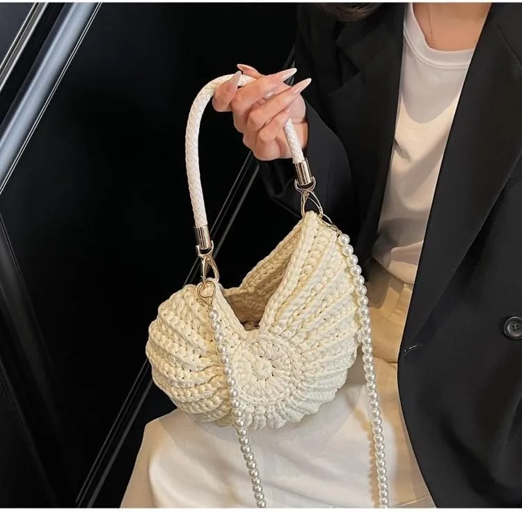 Handwoven Fashion Seashell Bag Stylish & Unique Boho Clutch with Pearl Strap Leather Handle & Premium Hardware