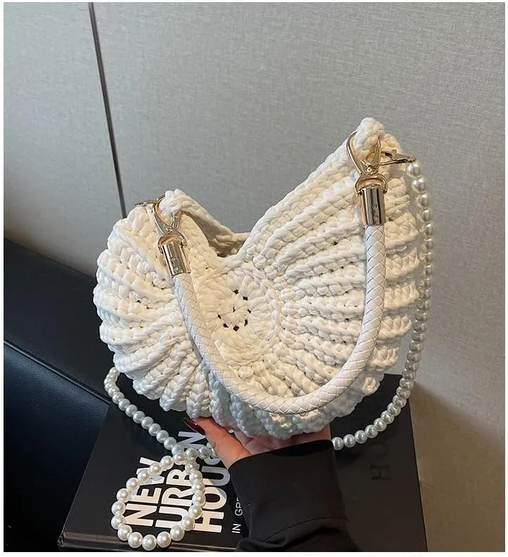 Handwoven Fashion Seashell Bag Stylish & Unique Boho Clutch with Pearl Strap Leather Handle & Premium Hardware