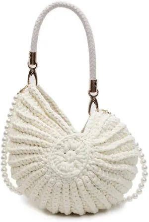 Handwoven Fashion Seashell Bag Stylish & Unique Boho Clutch with Pearl Strap Leather Handle & Premium Hardware