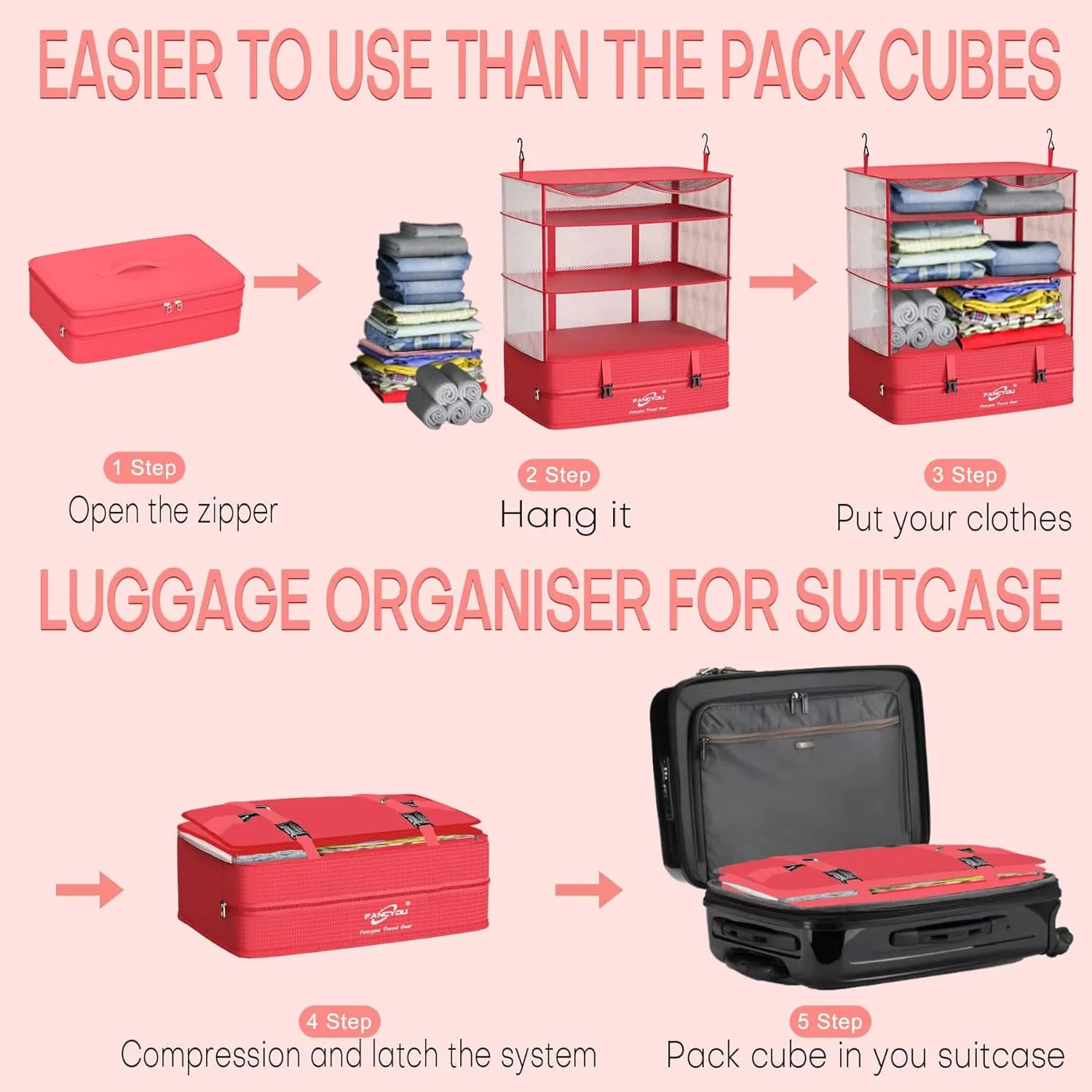 Hanging Packing Cubes for Suitcase Organizer Bags, Upgraded Nylon Fabric Portable Closet 17 * 12 * 24in, Compression Packing and Unpacking In One Step for Business Travel Essentials