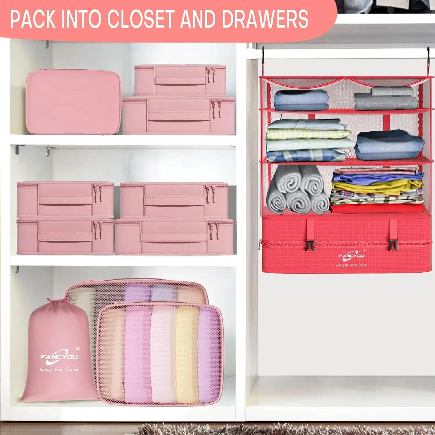 Hanging Packing Cubes for Suitcase Organizer Bags, Upgraded Nylon Fabric Portable Closet 17 * 12 * 24in, Compression Packing and Unpacking In One Step for Business Travel Essentials